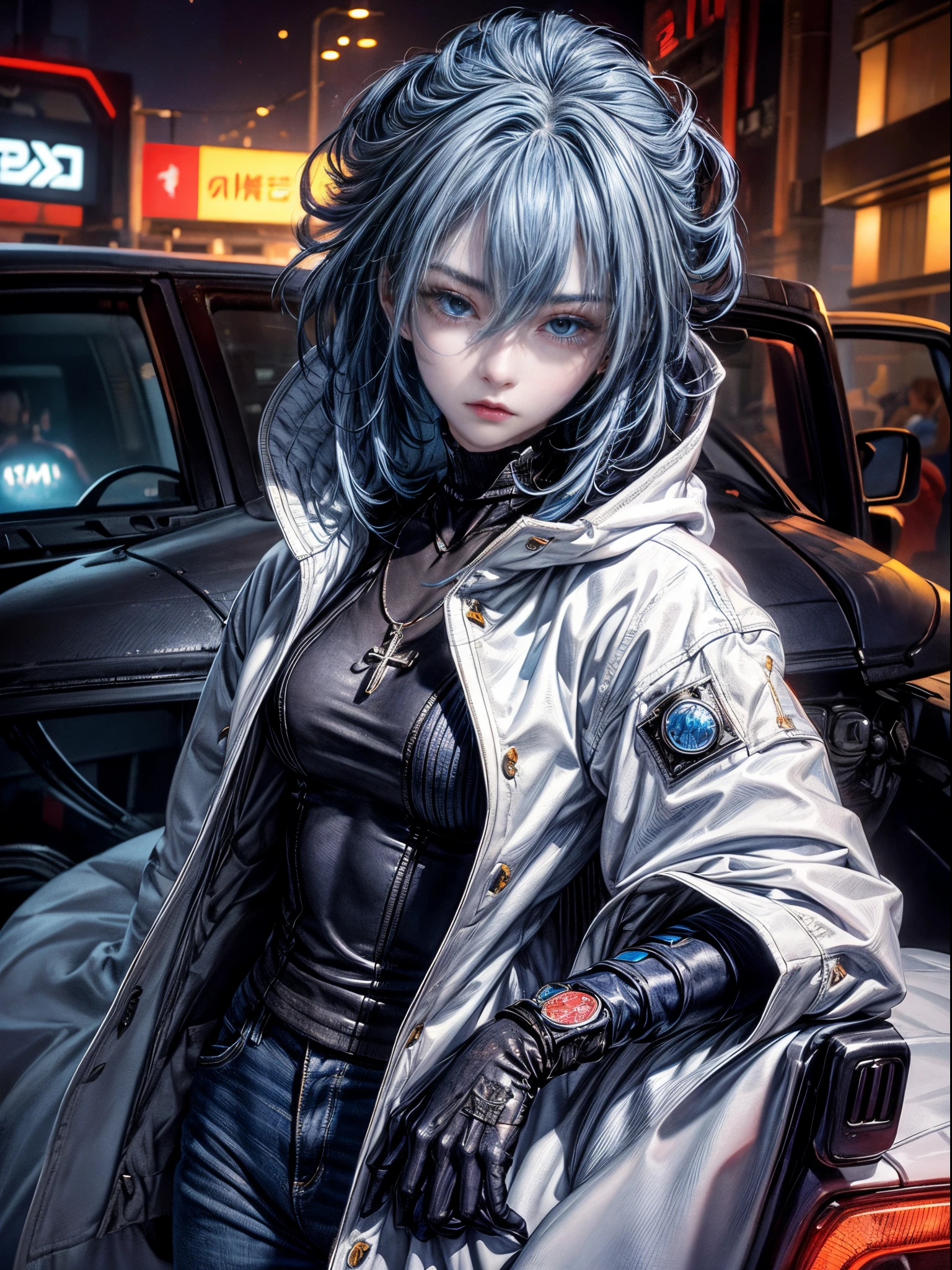 Cinematic lighting、16k picture quality、highlydetailed skin,(1girl in, Solo:1.2)、Best Quality,cyberpunked,(1beautiful woman、Detailed beautiful facial features hair、Blue hair、blue eyess:1.3)rosary necklace BREAK、white down jacket with hood、Knit tops with a shaped neckline., shiny stylish leather gloves、Denim Damage Pantinimal accessories, Watches,Standing near the car、deep in the night（cyber car in the back）underground parking