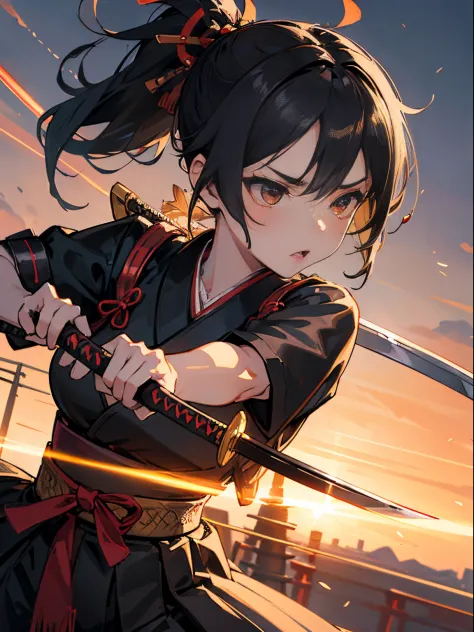 ​master piece,hyper quality, Hyper Detailed,Perfect drawing,Solo, Beautiful Girl, Samurai wielding a sword, Black ponytail, Hair...