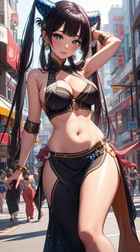 (best quality), 1girl, ultra-detailed, illustration, yang guifei, (bellydance), city street, crowd, makeup, glossy lips, audience