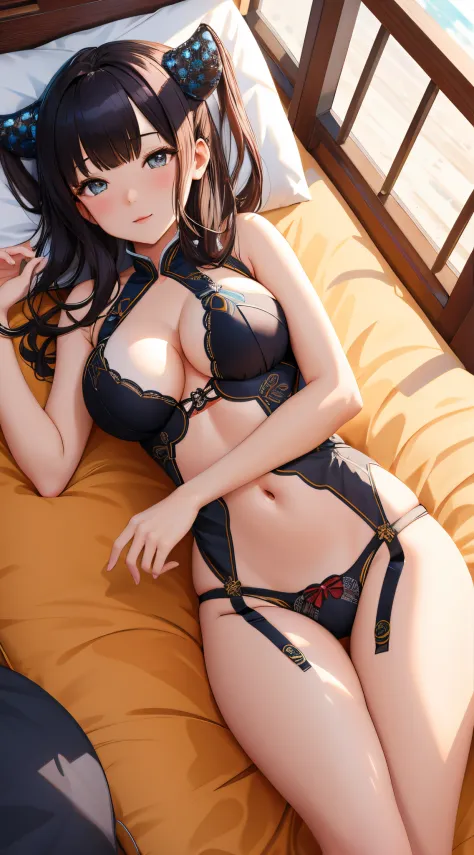 (best quality), 1girl, ultra-detailed, illustration, yang guifei, (lingerie), bed, lying down, view from above