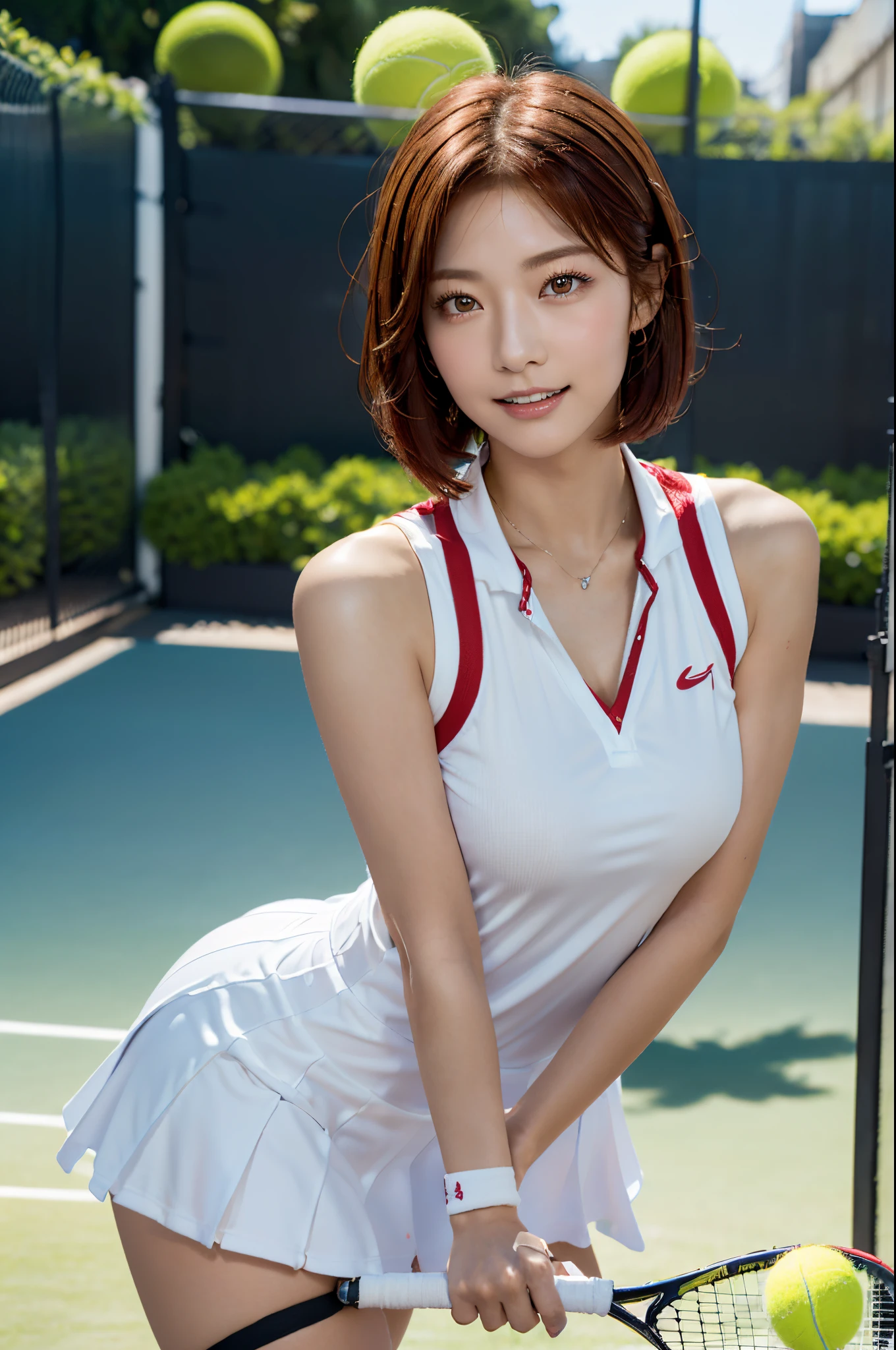 ((top-quality, in 8K, ​masterpiece)), Arafed woman on the tennis court, Beautiful Japanese girl holding a tennis racket, cute girl with red hair, Beautiful blue sky with shining sun, ((Tennis Uniforms)), beautiful woman with short hair, ((white tennis uniform)), ((Red wristband)), Beautiful Japanese woman with big breasts, A beautiful woman wearing a necklace, ((Hitting the tennis ball back with force)), ((is standing)), ((One woman)), Bewitching girl with short red hair, Attractive smiling girl, photorealistic girl render, Real life girls, Realistic young girl, attractive girl, ((beautiful expression, Detailed amber eyes, Detailed skin, Lustrous skin, detailed lips, Lustrous lips):1.3), High Quality DSLR Photography, Professional Photography, photo portrait 8k,realistic 3 d style, Beautiful realistic portraits, 3d realistic, hyper realstic, With red hair, photo of woman with short hair,