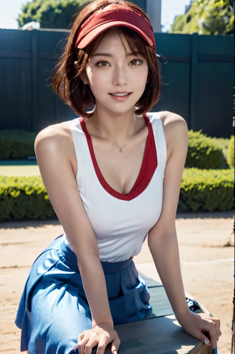 ((top-quality, in 8K, ​masterpiece)), Arafed woman playing tennis, Beautiful Japanese girl on the tennis court, cute girl with red hair, Beautiful blue sky with shining sun, ((tennis cap)), beautiful woman with short hair, ((white tennis uniform)), ((Red w...