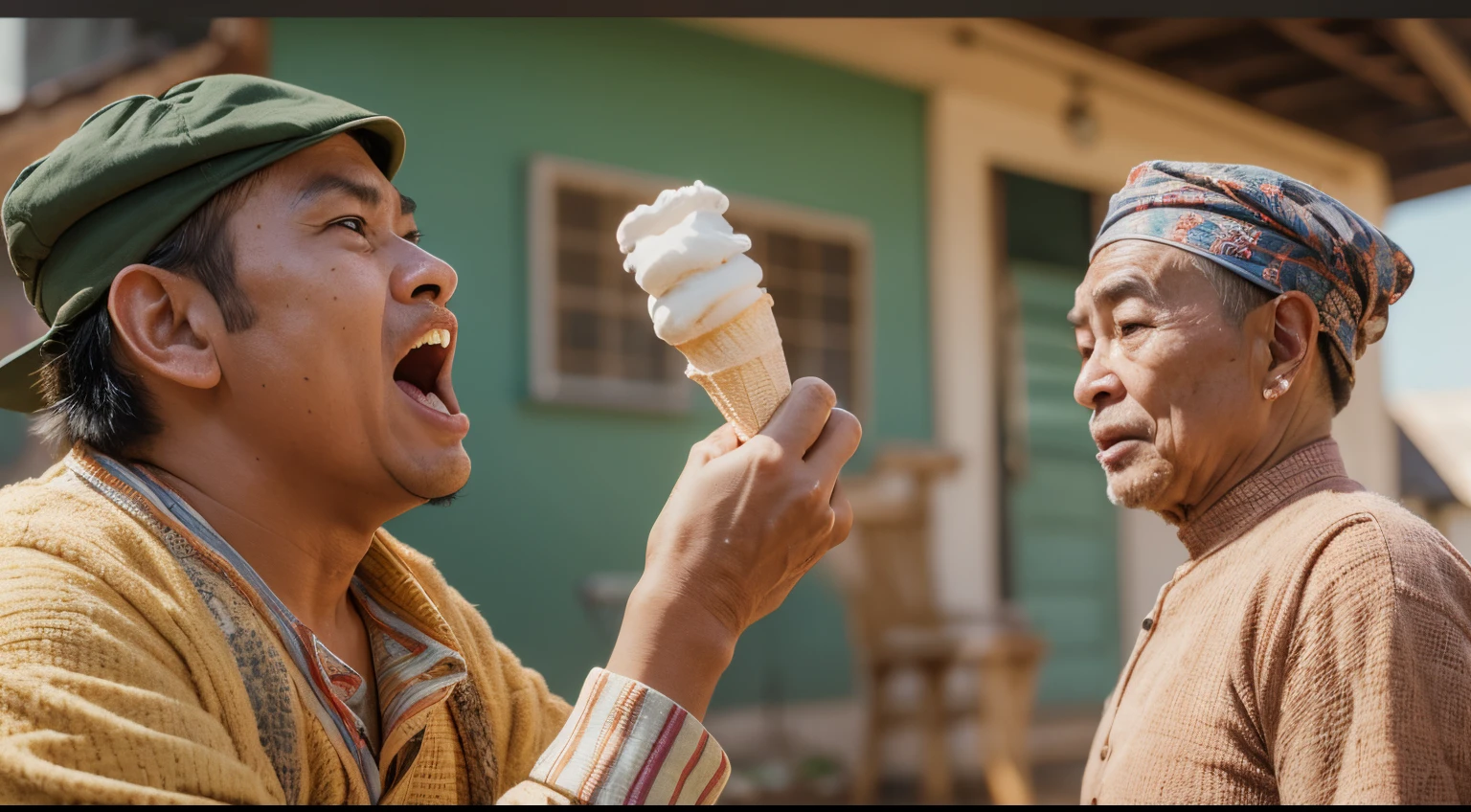 Dos hombres están comiendo conos de helado afuera de un edificio - SeaArt AI