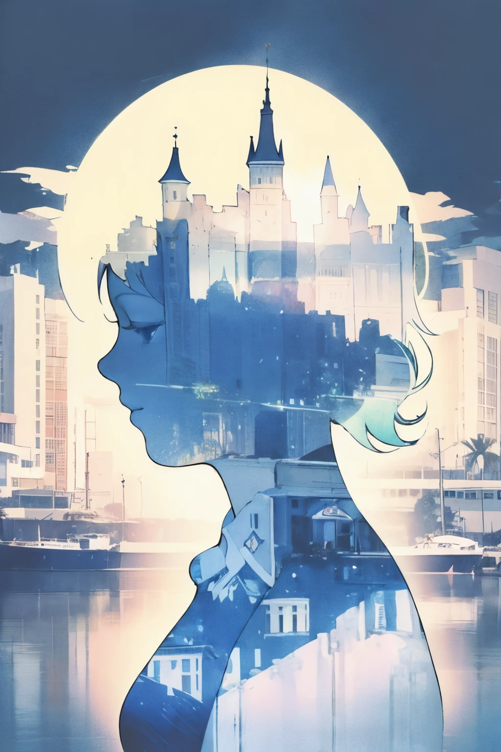 Depicting events in a dream、The moonlight was a little hazy、 Translucent girl、Moonlight passes through the body、((Super multiple exposure where the background passes through the body))、I can see your beautiful feet、full body Esbian、Buildings on the background、Midnight City、