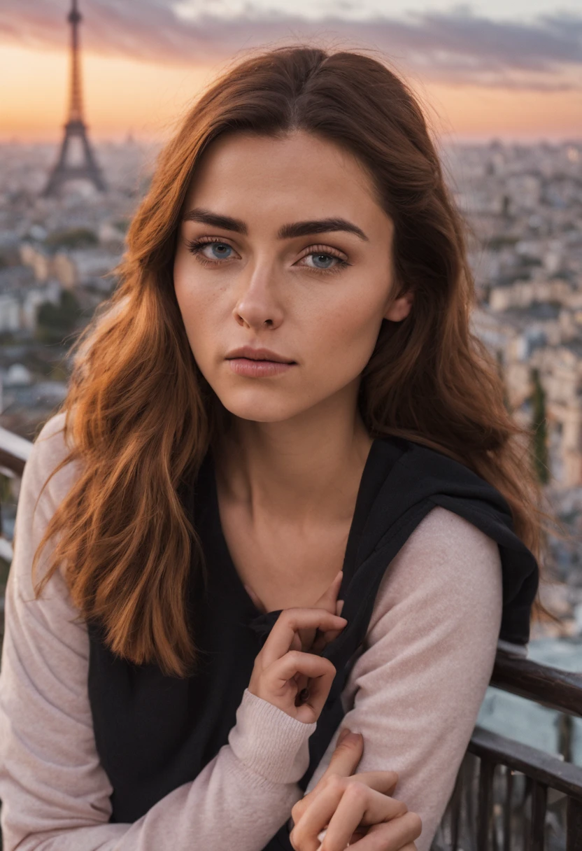 irina_meier, portrait d&#39;une femme portant un sweat à capuche léger, leggings de sport foncés, sur un balcon près de la tour eiffel au coucher du soleil, Gros plan, Plan moyen, cheveux roux regardant le spectateur, ((visage pointu, face détaillée, visage réaliste, peau naturtale, peau réaliste, peau détaillée, Pores, Yeux détaillés,yeux réalistes)),