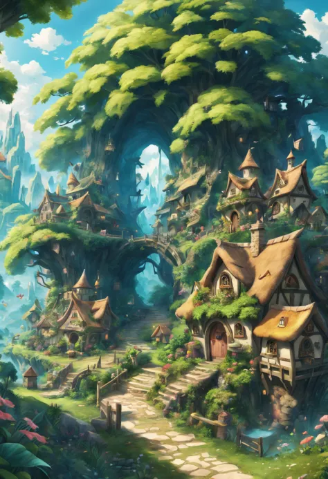(best quality,highres,masterpiece:1.2),ultra-detailed,(highres:1.37),anime style, fairy village, fairies
