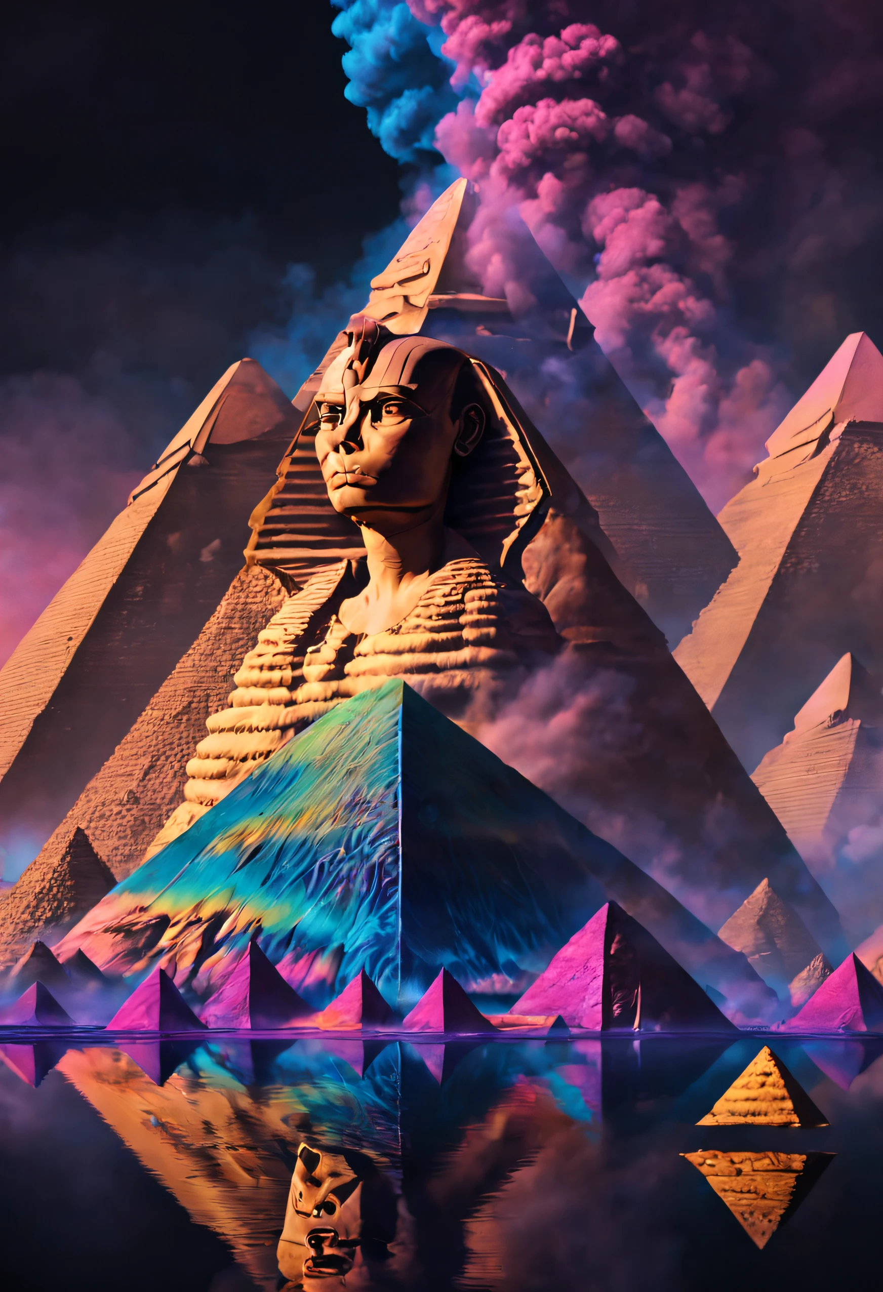 photorealistic movie still of a water, the Pyramids, Sphinx, smoke, no humans, black background, liquid, gradient background, 10k high resolution, psychedelic trip,