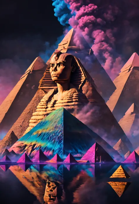 photorealistic movie still of a water, the Pyramids, Sphinx, smoke, no humans, black background, liquid, gradient background, 10...