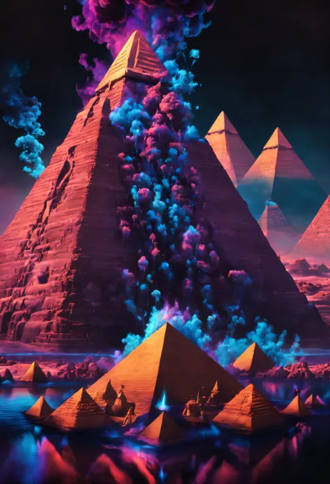 photorealistic movie still of a water, the pyramids, sphinx, smoke, no humans, black background, liquid, gradient background, 10...