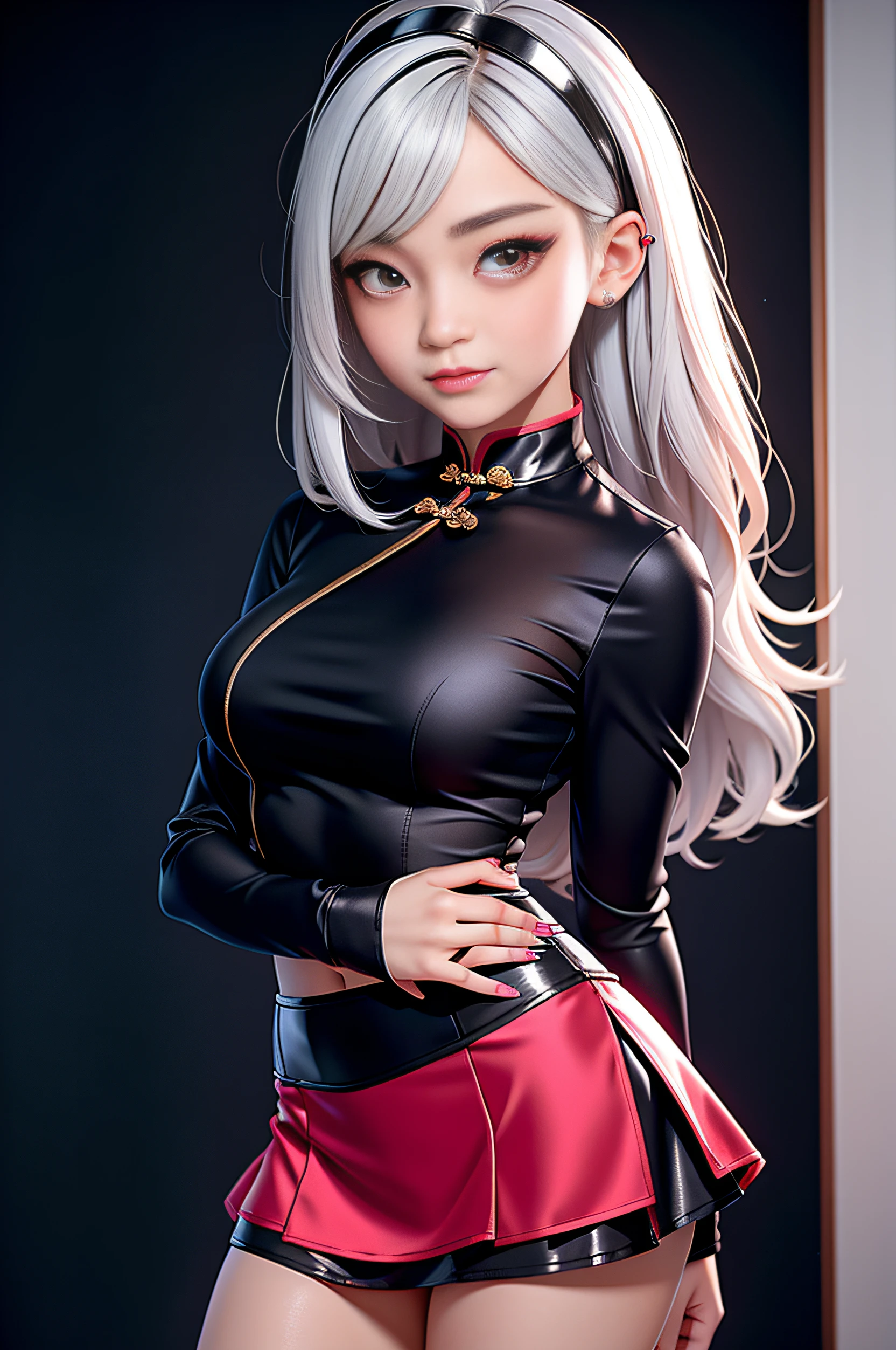 Beautiful Chinese teenager, tight silk long sleeve top, large breasts, bob hair with silver streaks,   short silk skater skirt, punk girl, masterpiece,