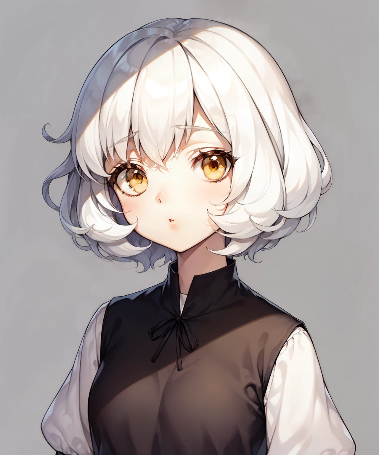 1 girl, upper-body, Big Face, white colored hair, yellow eyes, black clothing, simple clothes