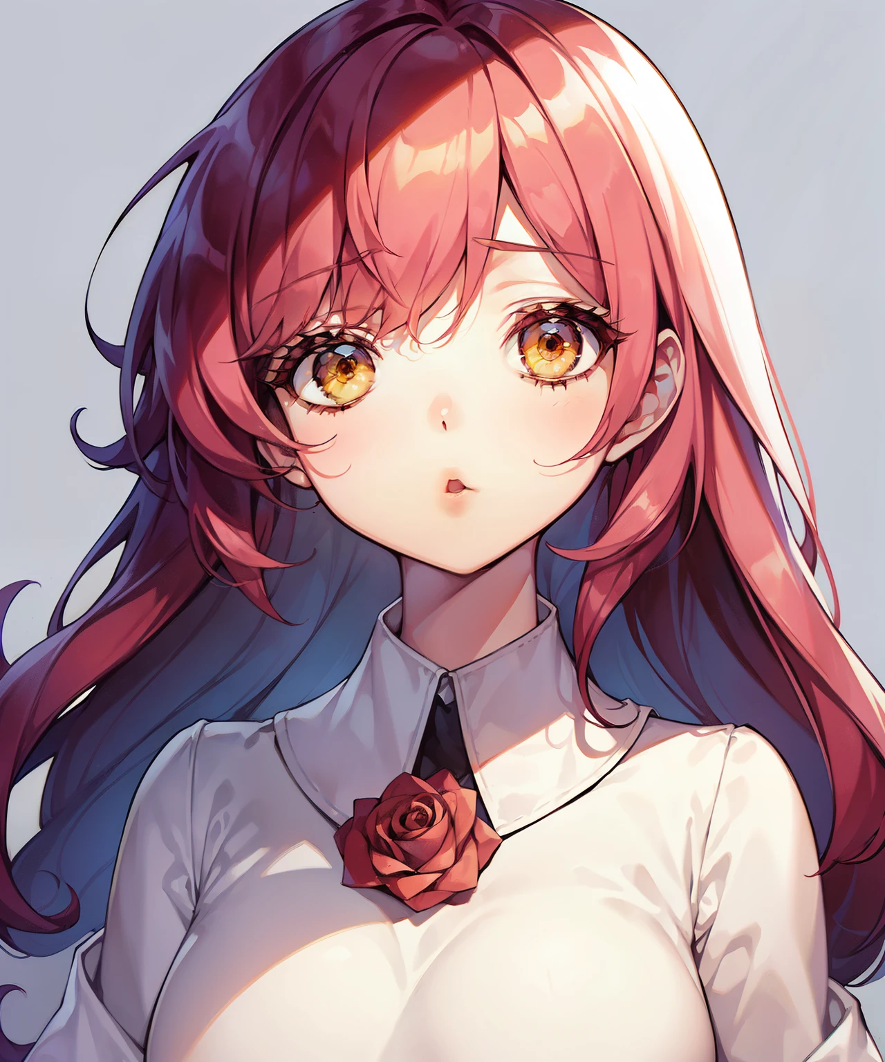 1 girl, upper-body, Big Face, rose hair, yellow eyes, blue clothes