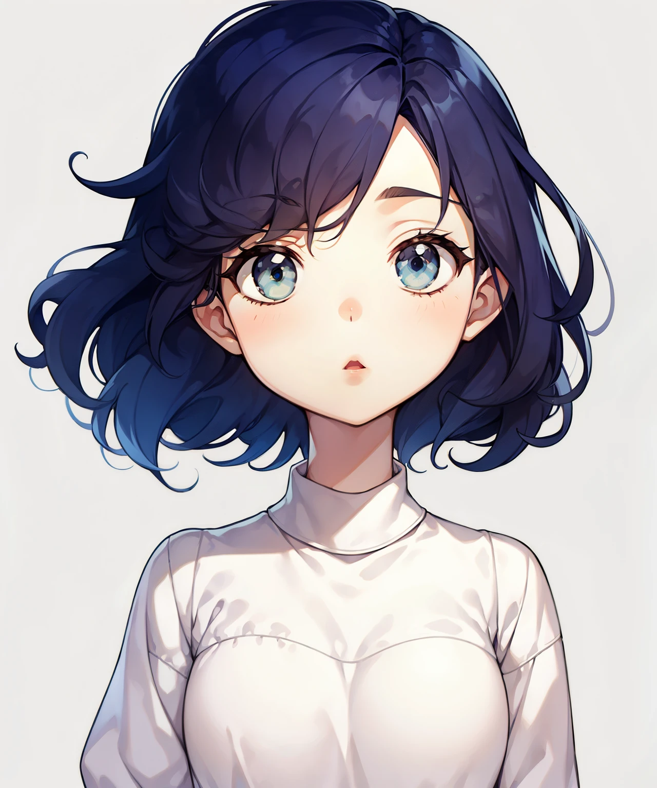 1 girl upper body, Big Face, blue hair, white eyes, white clothing, Simple background.