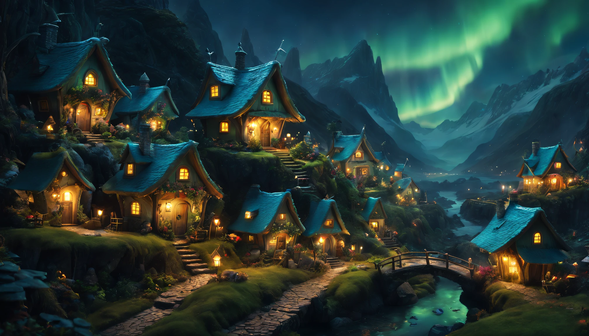 masterpiece, miniature, 100mm shot, (beautiful and aesthetic), highly detailed, concept art, medium shot, panoramic, a small fairy village, cozy, winter, night, snowy, bustling fairy, ethereal atmosphere, vibrant color, cinematic lighting, epic composition, epic proportion, HD