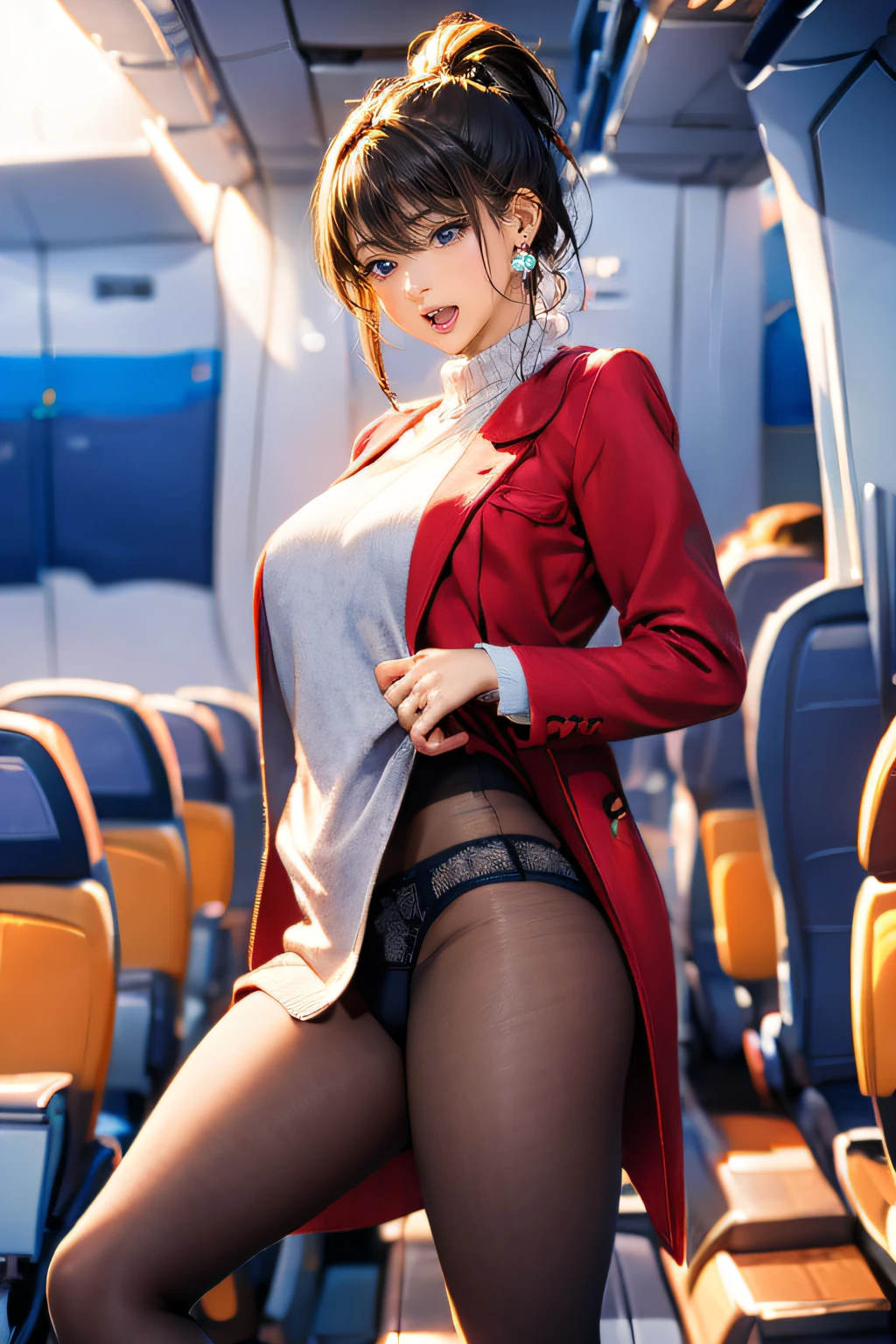 A close up of a woman in a red jacket and black stockings on a