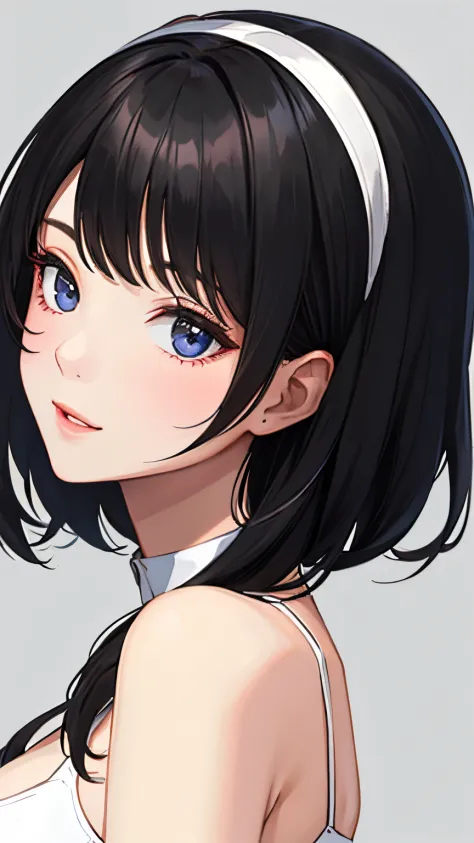 1 girl upper body, Big Face, black  hair, Simple background
