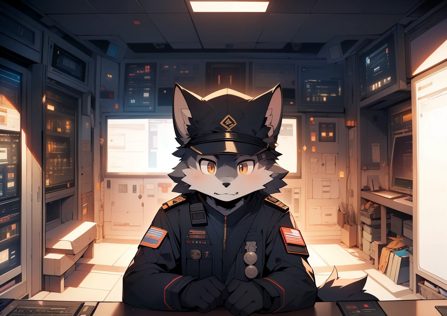 The expression  cold，Out of sorts，Serious，Tall guy，Wolf Clan，solidcolor，Dark gray hair，Golden pupils，Ultimate light and shadow，commander，Officer's cap，((worn-out clothing，army suit)) ，((Operational command room，the only person))， ((the detail))