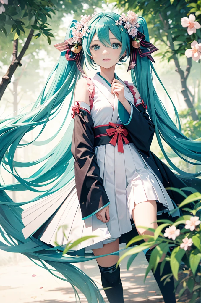 miku hatsune，kimono，pine trees，bamboo forrest，Plum blossoms，