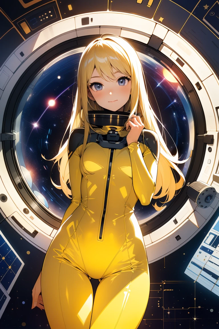 (masterpiece, best quality:1.2), (cowboy shot:1.1), solo, 1girl, mori yuki, slight smile, closed mouth, side view, looking at viewer, blonde hair, long hair, thigh gap, yellow bodysuit, skin-tight, perfect body, large window, (starship porthole:1.3), (spread legs:1.3), (standing:1.1), thigh gap,  pose, sideview, perfect hands, bright starship interior, (outer space view:1.1), (orbital view:1.3), (night, stary sky:1.5), milky way