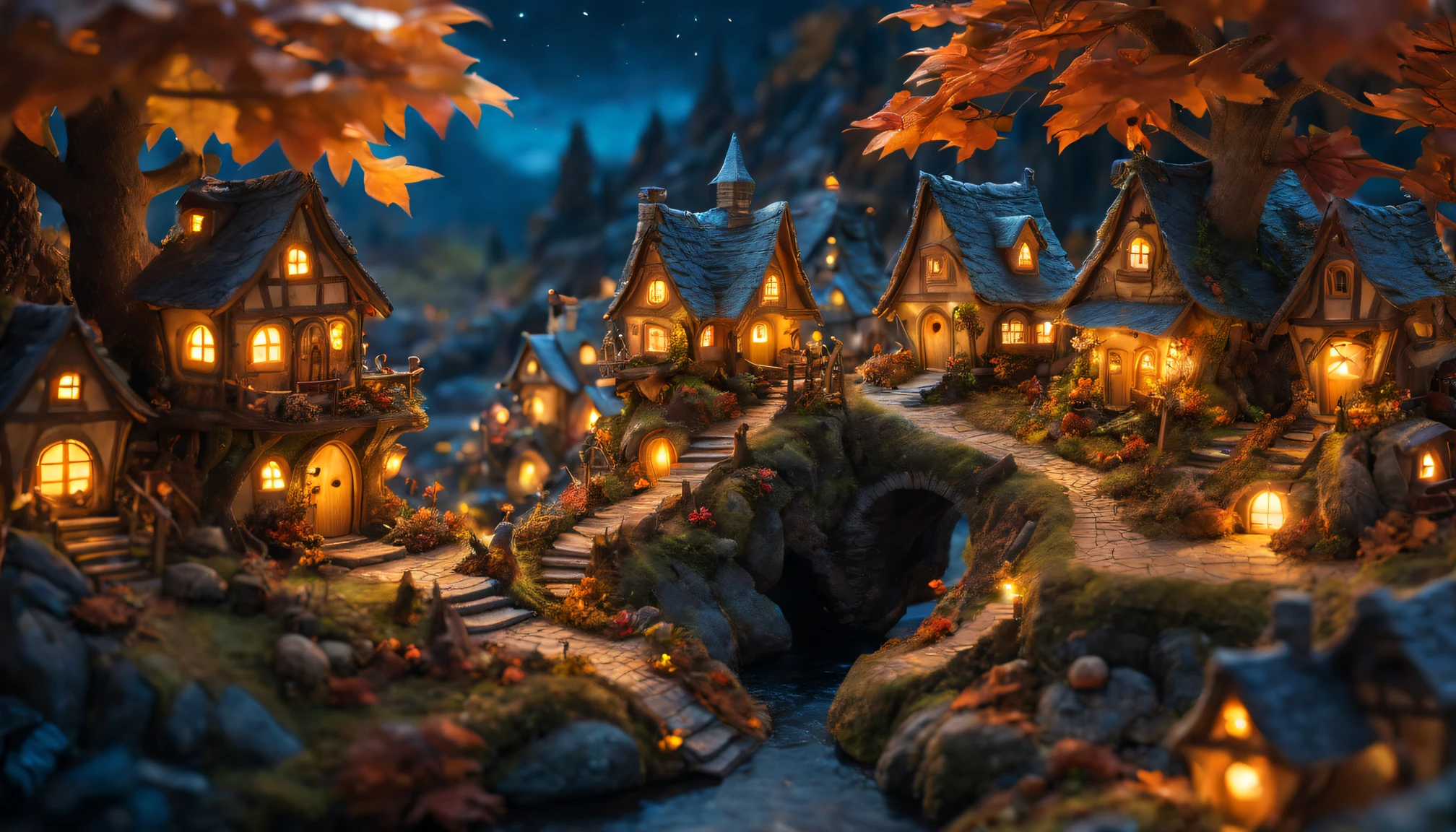 masterpiece, miniature, 100mm shot, (beautiful and aesthetic), highly detailed, concept art, medium shot, panoramic, a small fairy village, cozy, winter, night, snowy, bustling fairy, ethereal atmosphere, vibrant color, cinematic lighting, epic composition, epic proportion, HD