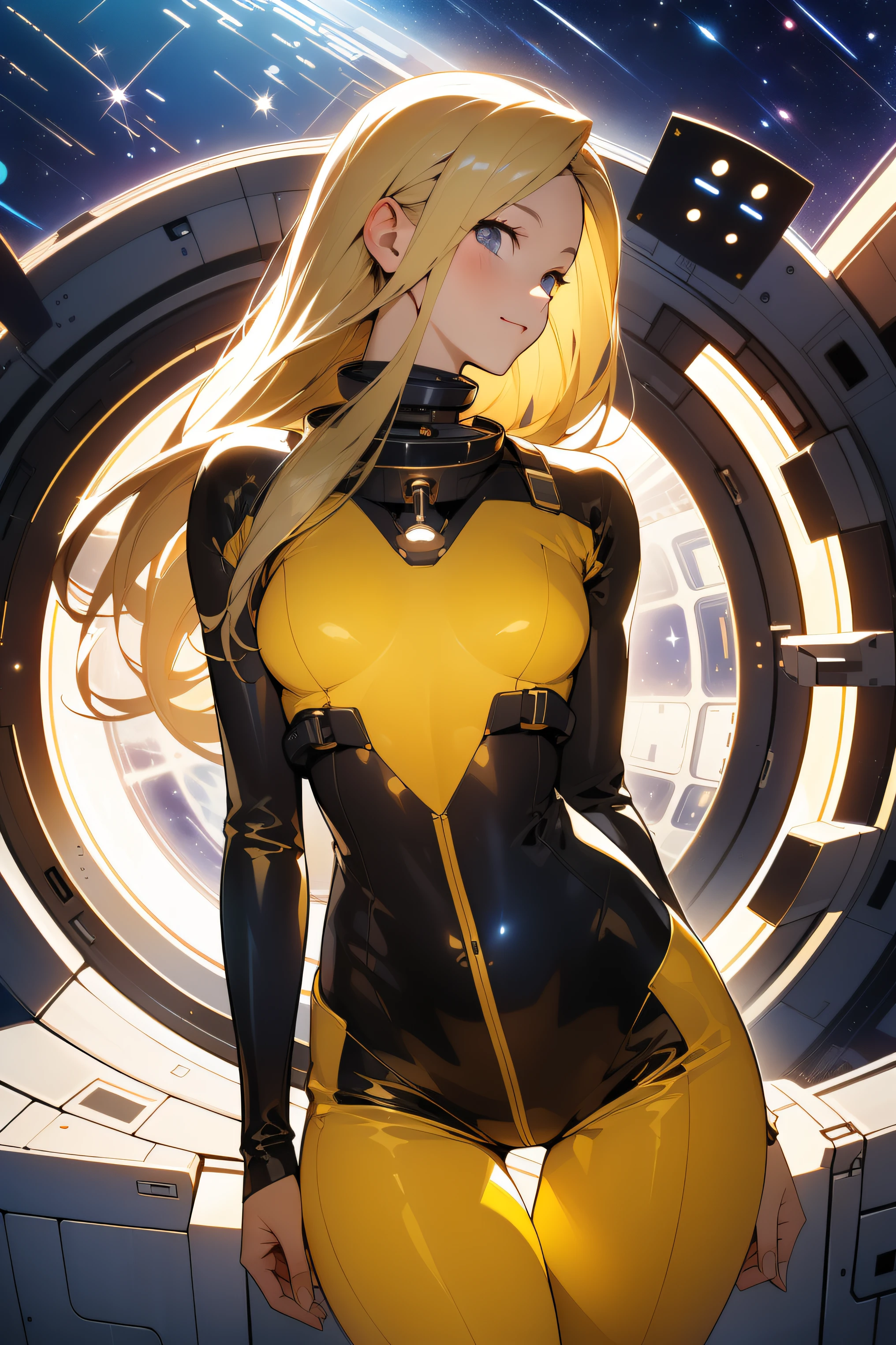 (masterpiece, best quality:1.2), (cowboy shot:1.1), solo, 1girl, mori yuki, slight smile, closed mouth, side view, looking at viewer, blonde hair, long hair, thigh gap, yellow bodysuit, skin-tight, perfect body, large window, (starship porthole:1.3), (spread legs:1.3), (standing:1.1), thigh gap,  pose, sideview, perfect hands, bright starship interior, (outer space view:1.1), (orbital view:1.3), (night, stary sky:1.5), milky way