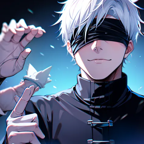 short white hair, blue eyes, blindfolded, charming, lonely, black clothes, high & cold