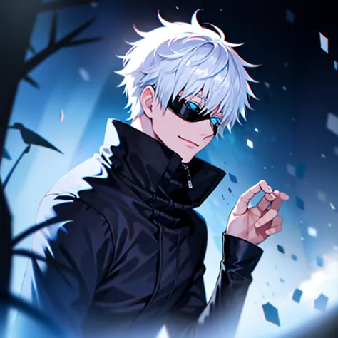 short white hair, blue eyes, blindfolded, Charming, Lonely, Black clothes, High & Cold