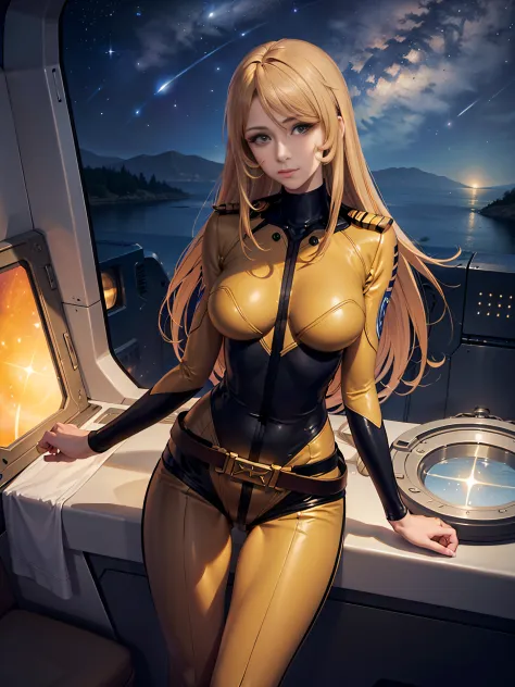(masterpiece, best quality:1.2), (cowboy shot:1.1), solo, 1girl, mori yuki, slight smile, closed mouth, looking at viewer, blonde hair, thigh gap, yellow bodysuit, skin-tight, perfect body, belt, large window, (starship porthole:1.3), from front, (spread l...