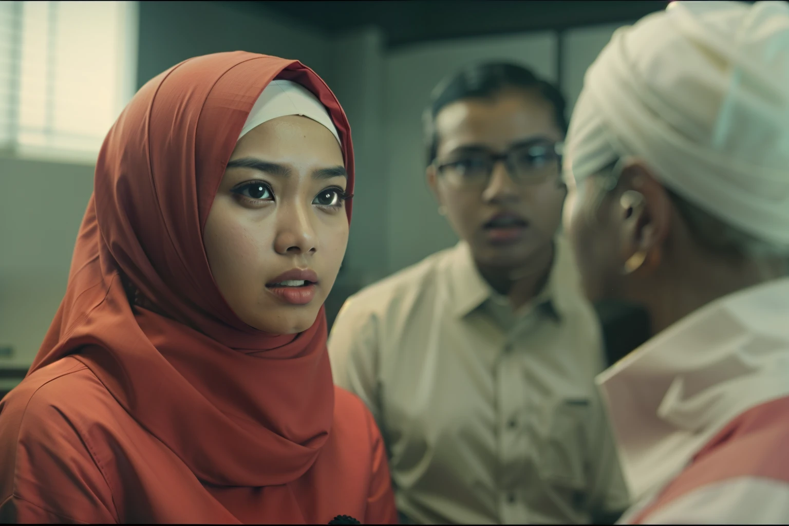 A malay girl in hijab and red pastel Baju Kurung, arguing with an Malay man, background of paddy fields in malay village, Super 8mm lense, wide shot, High Contrast cinematography effect, Natural Lighting, Desaturate color grading, high quality, ultra detail, 8k resolution,