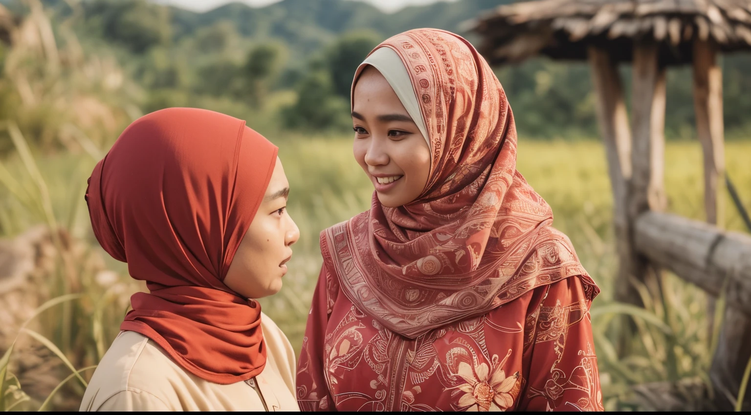 A malay girl in hijab and red pastel Baju Kurung, arguing with an Malay man, background of paddy fields in malay village, Super 8mm lense, wide shot, High Contrast cinematography effect, Natural Lighting, Desaturate color grading, high quality, ultra detail, 8k resolution,