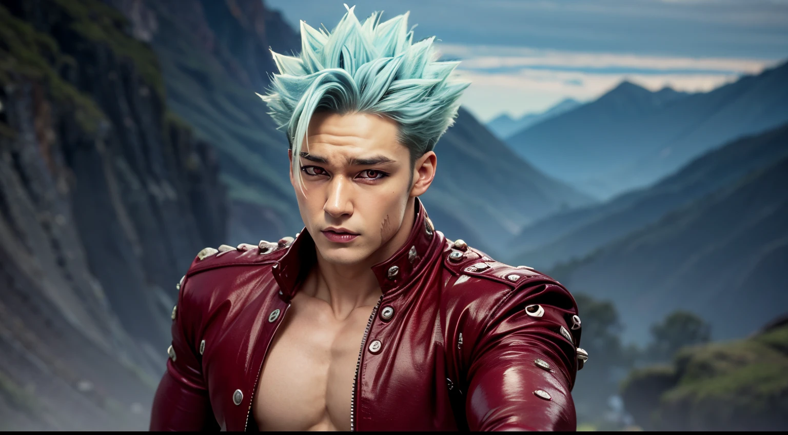 masterpiece, best quality, high quality, 1boy, solo, male focus, looking at viewer, , , batsu_no_taizai, spiked hair, red eyes, blue hair, jacket, young