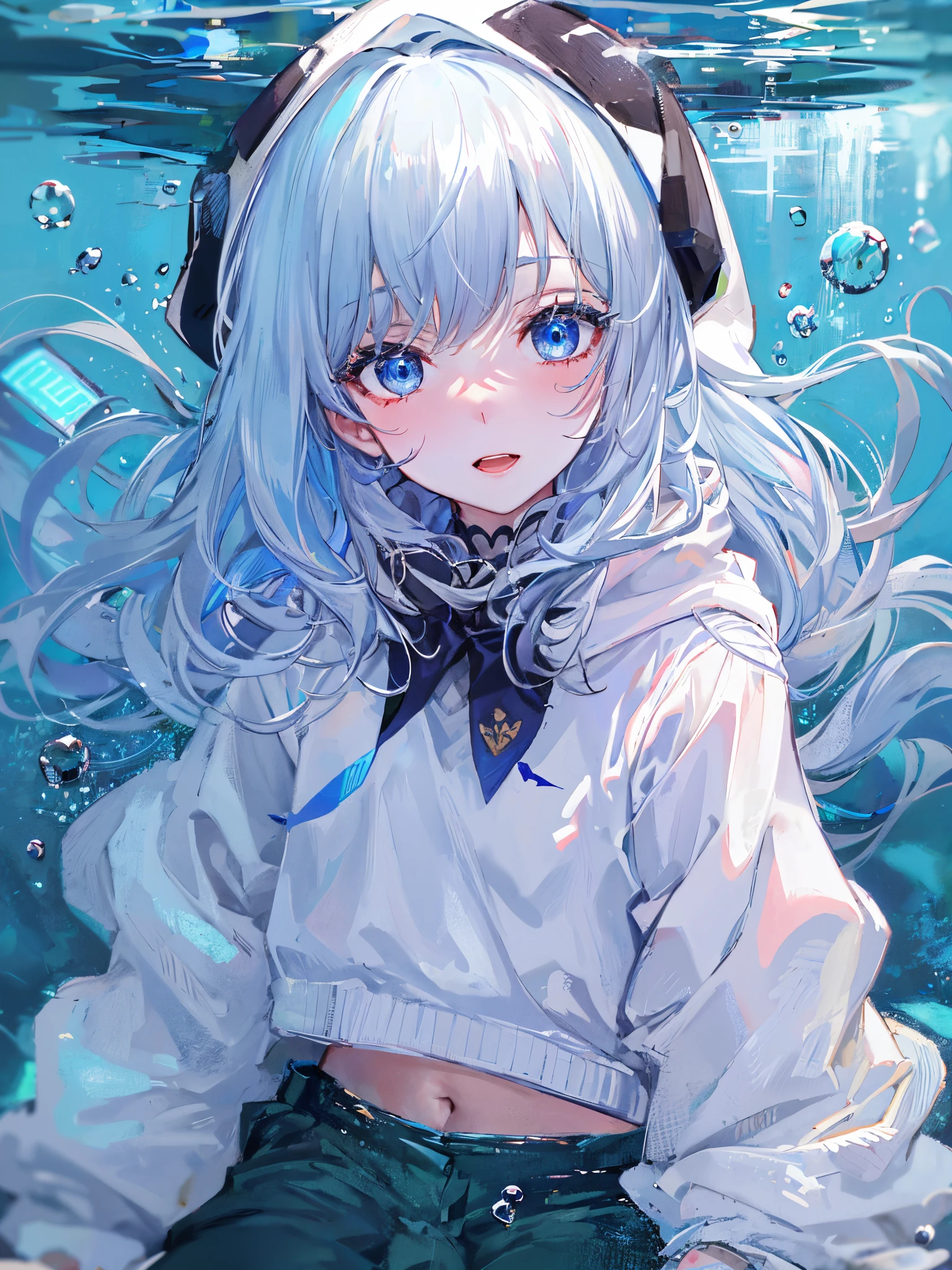 ((top-quality)), ((​masterpiece)), ((ultra-detailliert)), (Extremely delicate and beautiful), girl with, 独奏, cold attitude,((White hoodie)),She is very(relax)with  the(Settled down)Looks,depth of fields,Evil smile,Bubble, under the water, Air bubble,Underwater world bright light blue eyes,inner color with bright gray hair and light blue tips,,,,,,,,,,,,,,,,,,,,,Cold background,Bob Hair - Linear Art, shortpants、knee high socks、White uniform like school uniform、Light blue ribbon ties、Clothes are sheer、The hand in my right pocket is like a sapphire,Fronllesse Blue, A small blue light was floating、fantastic eyes、selfy,Self-shot、The bangs fall over the eyes, giving a sexy impression.