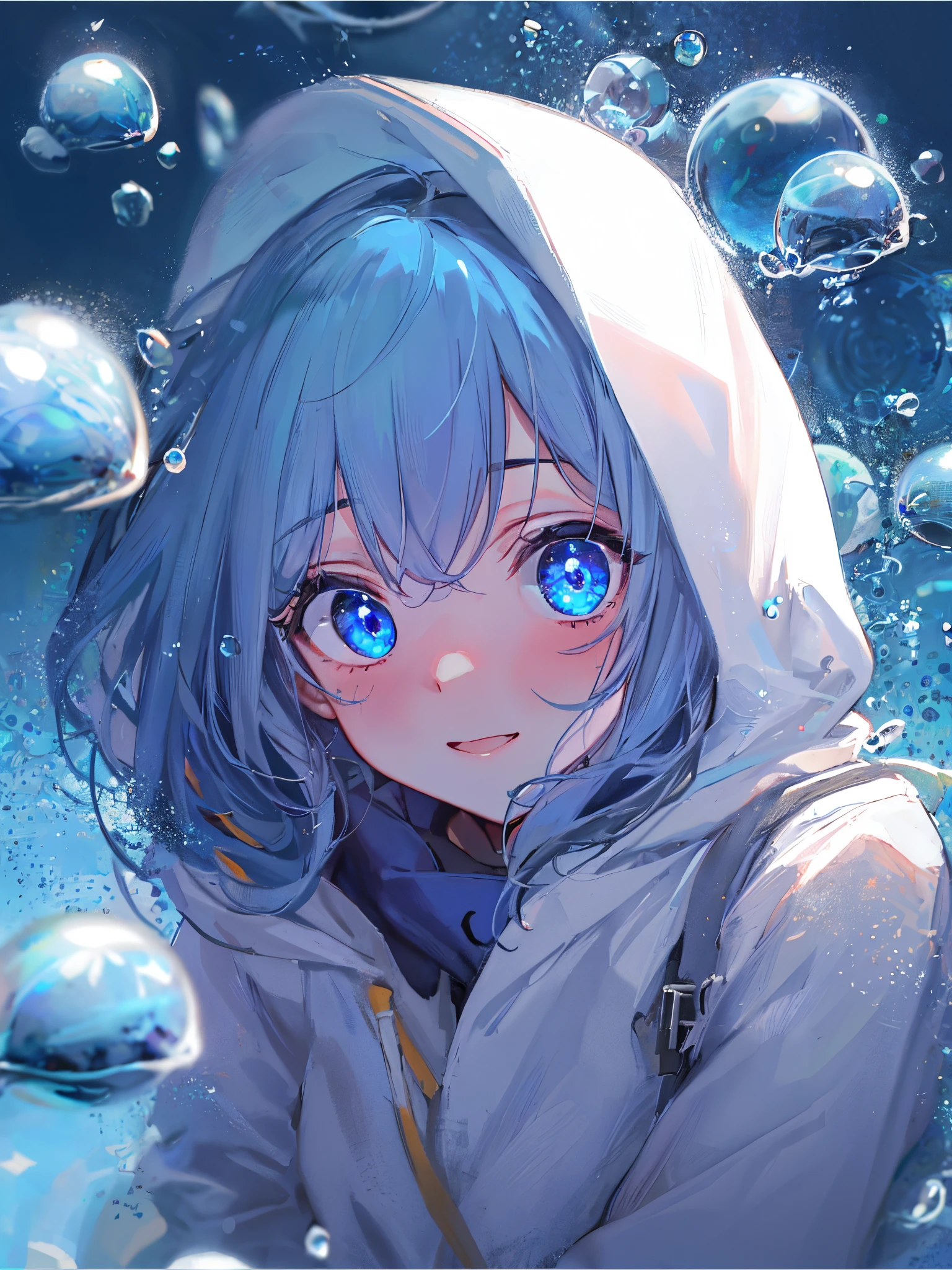 ((top-quality)), ((​masterpiece)), ((ultra-detailliert)), (Extremely delicate and beautiful), girl with, report, cold attitude,((White hoodie)),She is very(relax)with  the(Settled down)Looks,depth of fields,Evil smile,Bubble, under the water, Air bubble,Underwater world bright light blue eyes,inner color with bright gray hair and light blue tips,,,,,,,,,,,,,,,,,,,,,,,Cold background,Bob Hair - Linear Art, shortpants、knee high socks、White uniform like school uniform、Light blue ribbon ties、Clothes are sheer、The hand in my right pocket is like a sapphire,Fronllesse Blue, A small blue light was floating、fantastic eyes、selfy,Self-shot、Bangs fall on the eyes, give a sexy impression.