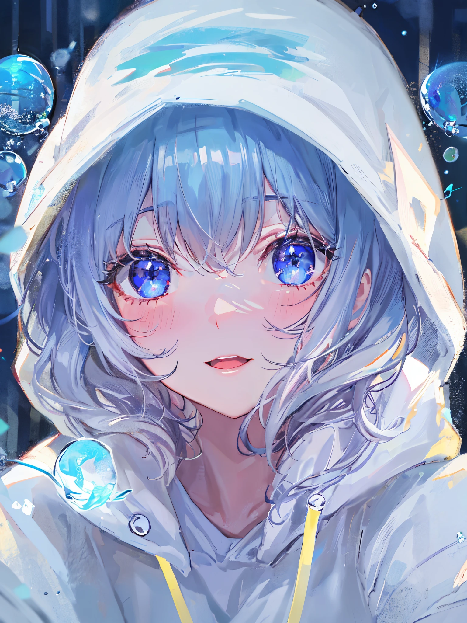 ((top-quality)), ((​masterpiece)), ((Ultra-detail)), (Extremely delicate and beautiful), girl with, solo, cold attitude,((White hoodie)),She is very(relax)with  the(Settled down)Looks,depth of fields,Evil smile,Bubble, under the water, Air bubble,Underwater world bright light blue eyes,inner color with bright gray hair and light blue tips,,,,,,,,,,,,,,,,,,,,,Cold background,Bob Hair - Linear Art, shortpants、knee high socks、White uniform like 、Light blue ribbon ties、Clothes are sheer、The hand in my right pocket is like a sapphire,Fronllesse Blue, A small blue light was floating、fantastic eyes、selfy,Self-shot