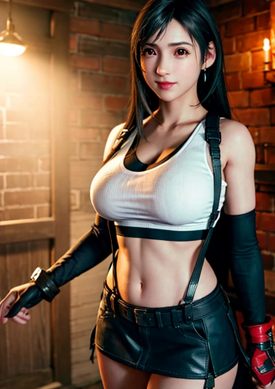 (Photorealistic: 1.4), top quality, very delicate and beautiful, high resolution, 1girl, tifa_lockhart, smile, cowboy shot, suspenders, low rise, mini skirt, tank top, tense shirt, black hair, long hair, elbow gloves, beautiful detailed red eyes, face light, movie lighting, navel, high exposure, abdomen exposure, ribs, abs, ( gigantic breasts: 1.2), dynamic poses, dynamic angles,