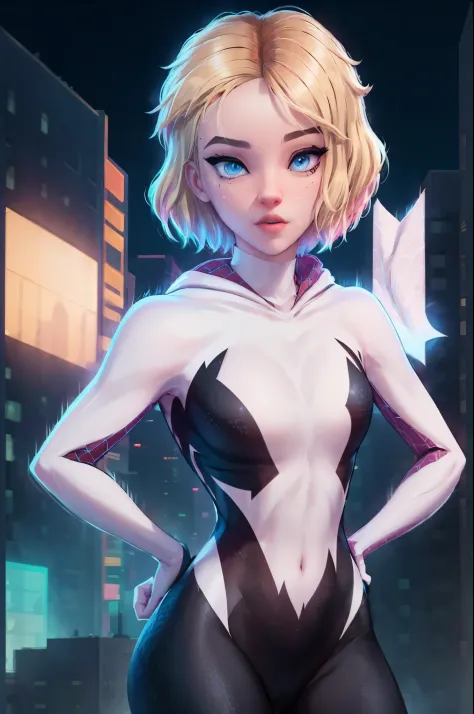 ghost spider, gwen in a black outfit with spider in the center of his chest in white, organic looking outfit, gooey forehead, symbiote, white eyes, fine art, ps5 cinematic screenshot,highly detailed detailed cinematic rendering, ultra photorealistic raytri...