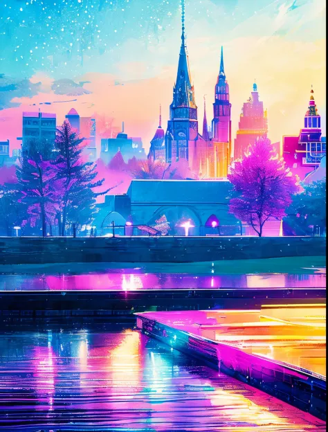 colorful metropolitan museum of art、river painting with stars and moon in rainbow sky、the met、shining skyscrapers、shine across t...