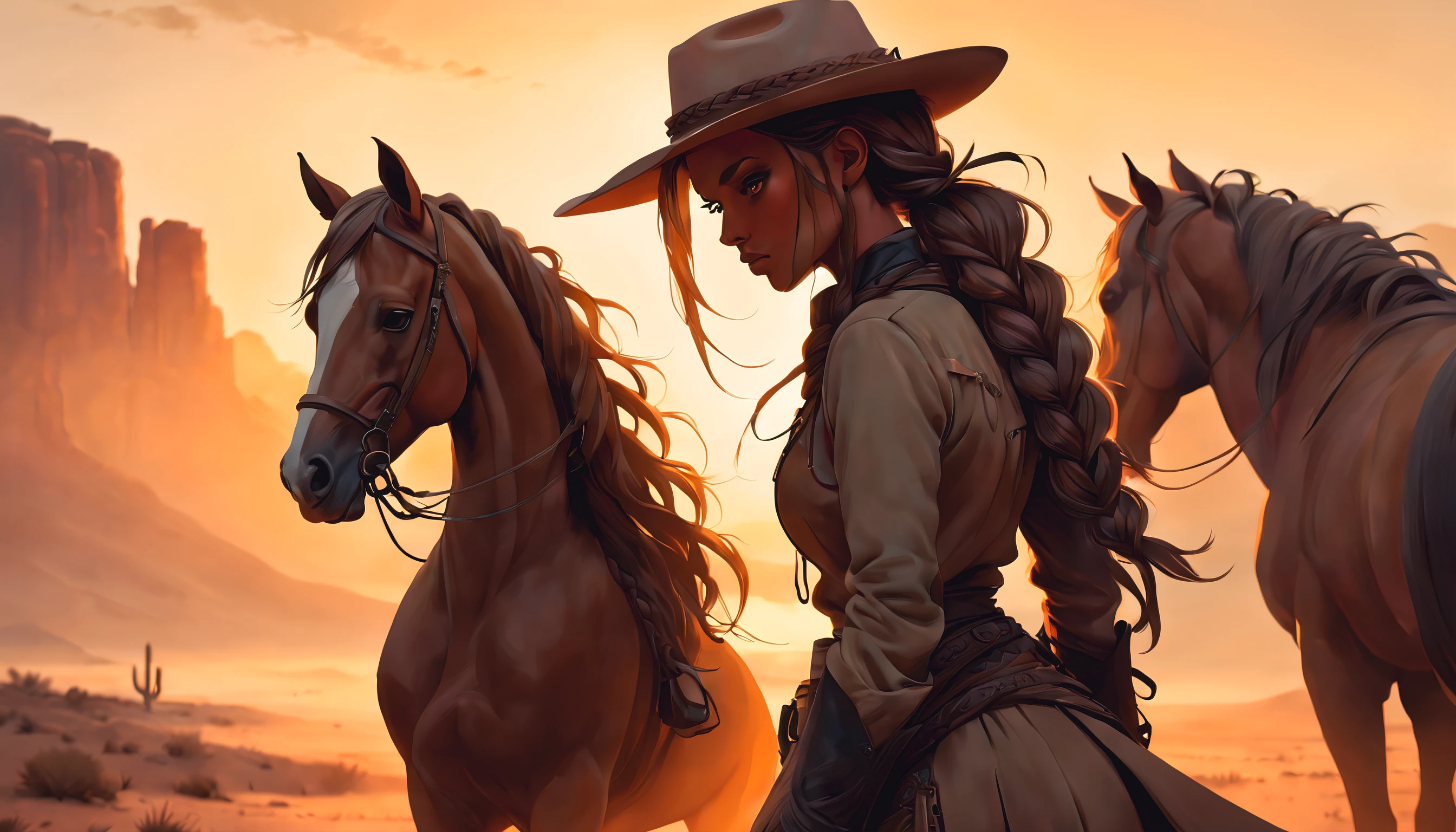 garota, vaqueiro, illustration, deserto empoeirado, sunset silhouette, kalap, Botas, Horse, long braided hair, Determined expression, wild west vibes, rustic colors, warm lighting