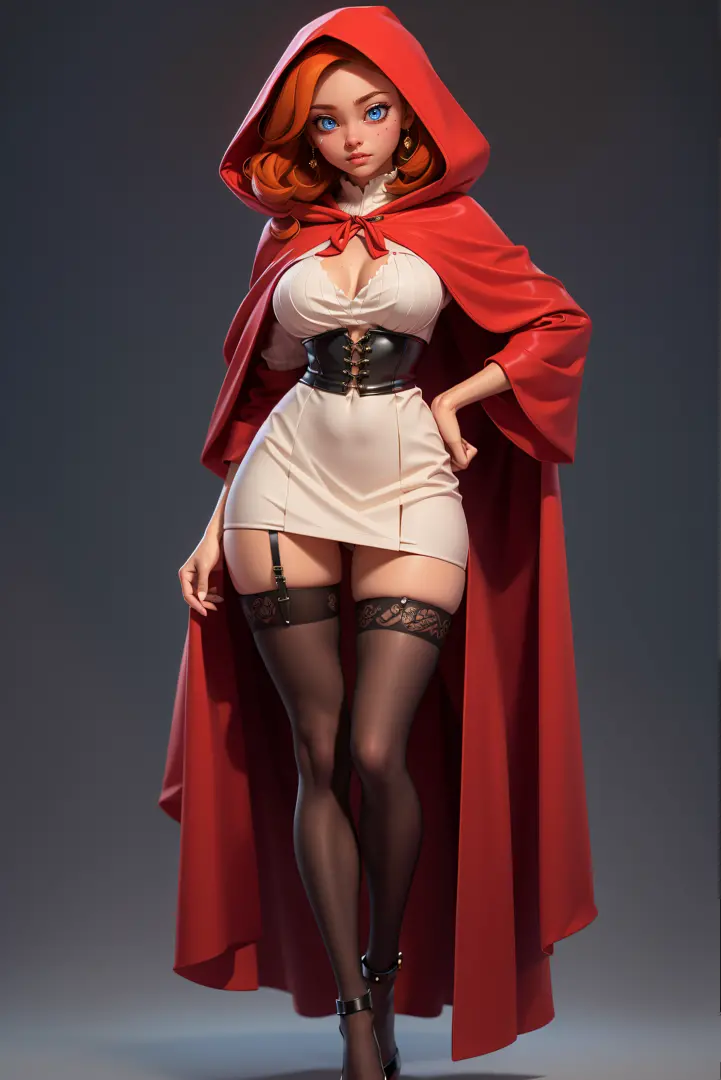 masterpiece, high res, 4k, 17th century attire, short white dress, (large red cloak with a large hood), black stockings, lingerie, black high heels, cute face, rose cheeks, blue eyes, ginger hair, perfect long legs, perfect arms, sexy pose, sexy body