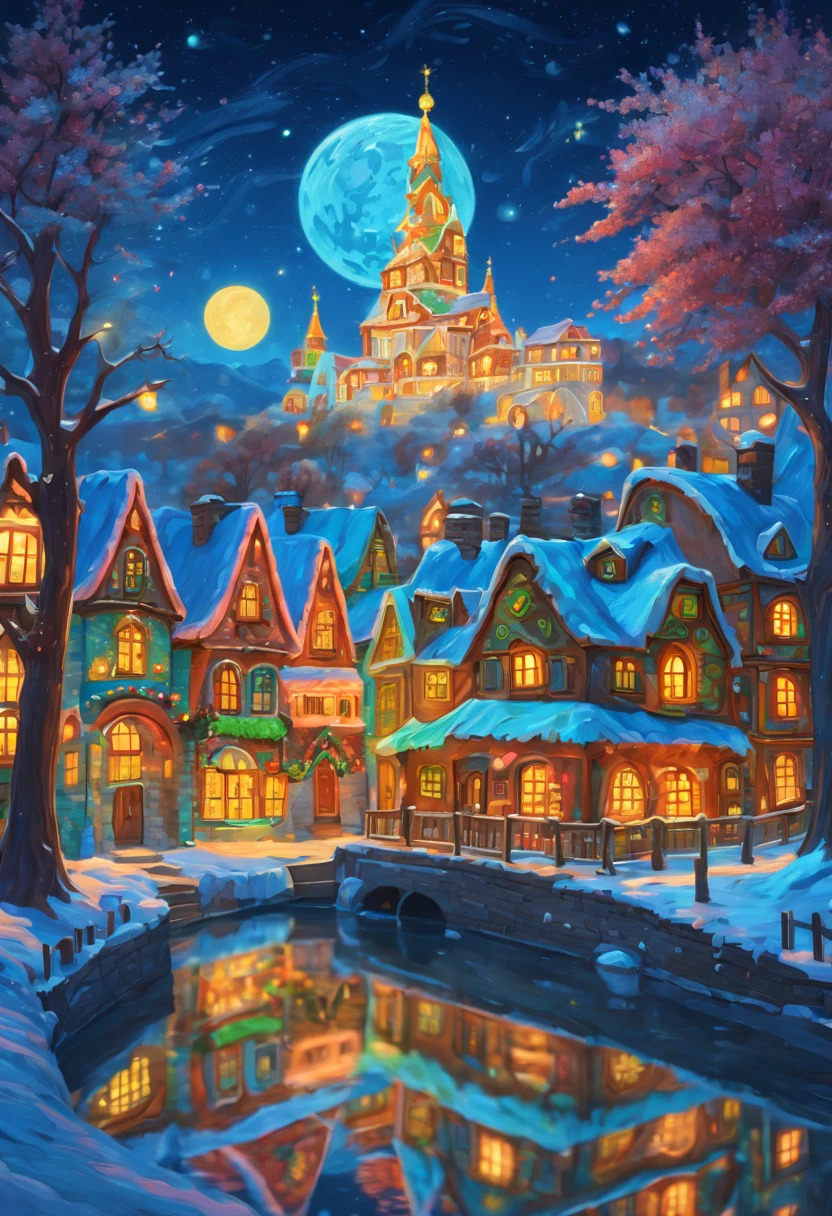 (tmasterpiece),（ultra - detailed：1.3），Best quality at best，（Sparkling:1.2），（Christmas village in dream fairy tale:1.4），(Van Gogh style Christmas architecture: 1.5),（The moon  empty），((Delicious sweets，Christmas tree, gifts, Christmas stockings, cute gingerbread man，chocolate house splash)), Illustration style, and decorations, Fantasy Christmas Town, Lovely design style, natta，snowfield，moon full，Vibrant colors、 ((Whimsical and charming fantasy)), Surreal portrait, (Fantasy themed fairy tale village), (Whimsical clockwork accessories), (Colorful, Landscape full of candy), (enchanting, Fantastic creatures), (A vibrant, candy colored building), (Sweets and Candy Road), (Candy Castle) in distance, (Like a mirror, Asymmetric masterpiece clock accessories), (Rich, fantasticcolors), (Twinkling stars) Elevated, (four dimensional dream), (Charming and charming atmosphere), (Playful composition), (Vivid lighting effects), 1.4x realism，hyper HD，Shown in this beautiful scene，（Very meticulous，Reasonable design，Clear lines，High- sharpness，tmasterpiece，offcial art，movie light effect，8K),