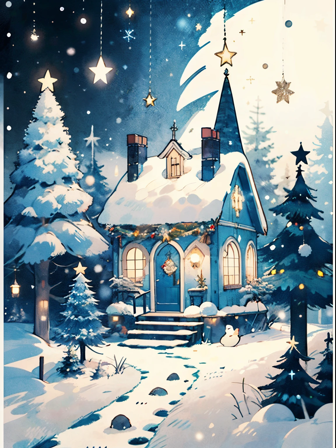 (((傑作))),最好的品質, 懷特敦, 俄羅斯新年, 敬禮 , 色泽鲜艳, 下雪, 圣诞树, balls on the 圣诞树, 樹林裡的小屋, 除夕