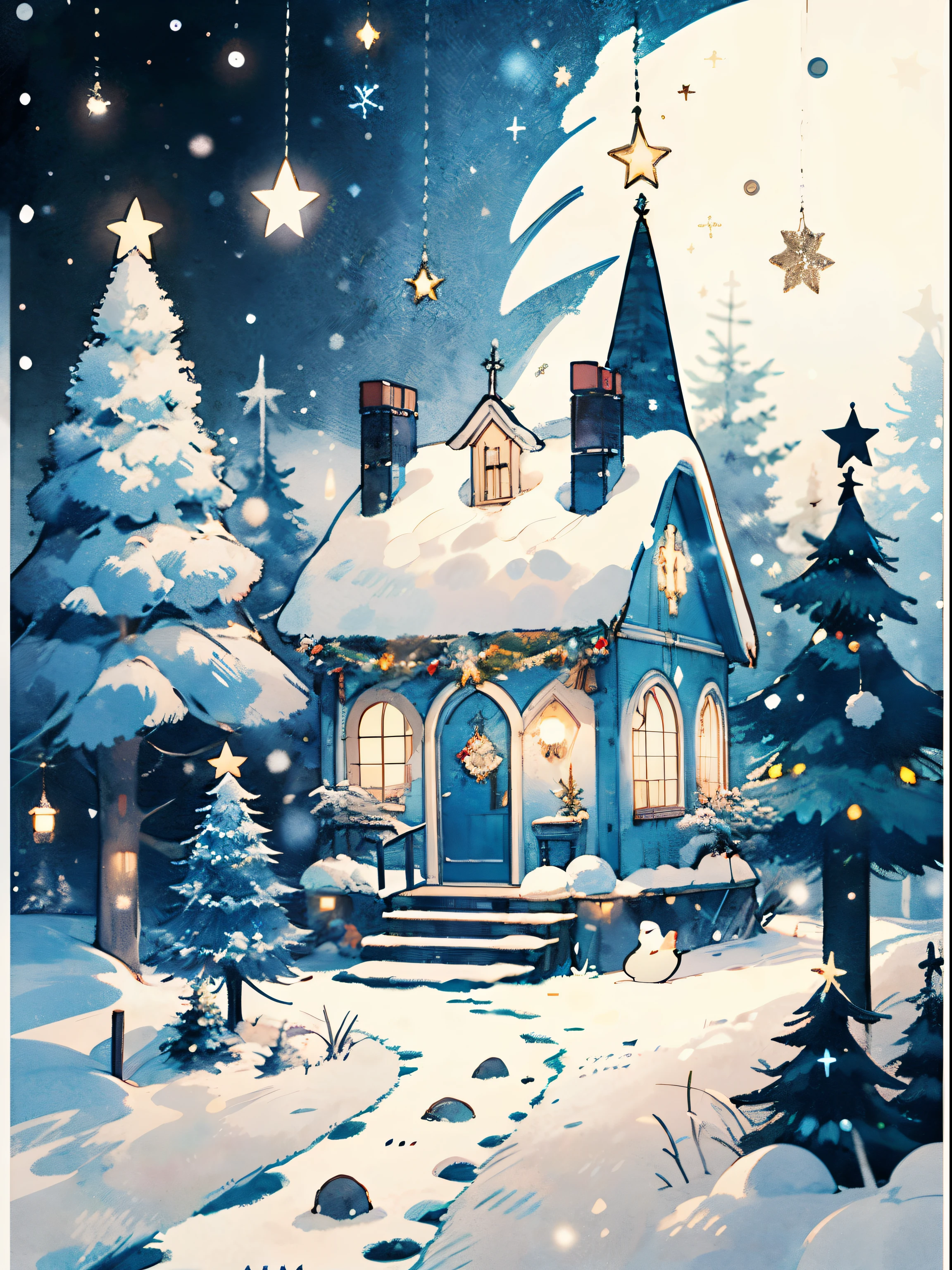 (((Masterpiece))),Best Quality, Whitetown, Russian New Year, Salutes , Bright color, snowing, Christmas tree, balls on the Christmas tree, Cabin in the woods, New Year's Eve