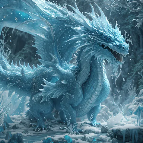 there  a blue dragon that  standing in the snow, frost dragon, crystal dragon, water dragon, 4k fantasy art, highly detailed fantasy art, detailed fantasy art, crystalized scales, 4k detailed digital art, 4k highly detailed digital art, detailed fantasy di...