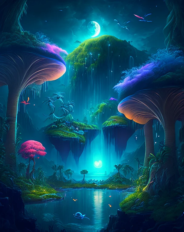 Ein bezaubernder Fantasy-Dschungel unter einem mondbeschienenen Himmel, riesige schwimmende Inseln mit üppiger Vegetation, kaskadierende Wasserfälle, und leuchtende Kreaturen, die durch die Nacht schweben, digitales Kunstwerk