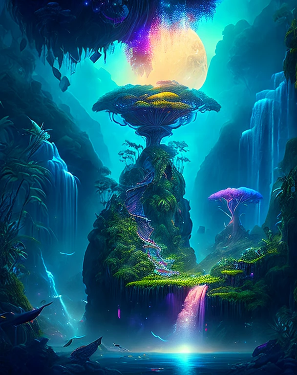 Uma encantadora selva de fantasia sob um céu enluarado, enormes ilhas flutuantes cobertas por vegetação exuberante, cachoeiras em cascata, e criaturas iluminadas voando pela noite, arte digital