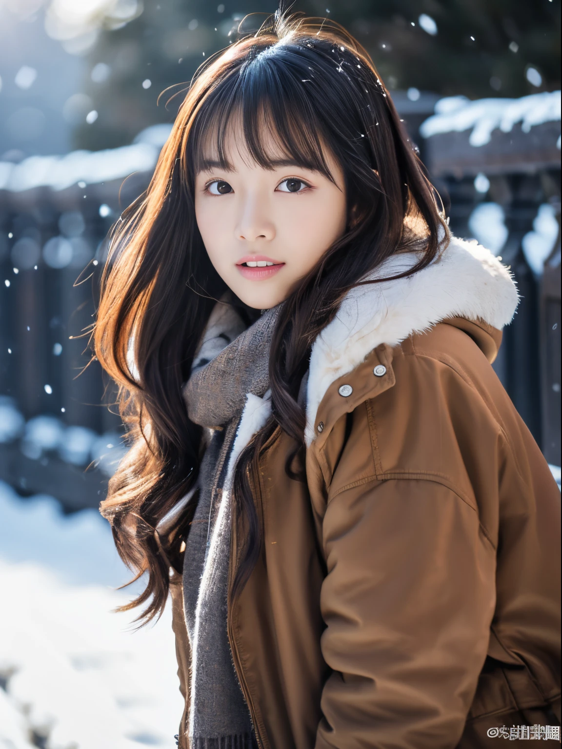 While watching the snow falling quietly. Her introspective and tearful expression、Makes you feel longing for winter nights and melancholy。。。。。。。、top-quality、hyper HD、Yoshitomo Nara, Japanese Models, Beautiful Japan wife, With short hair, 27-year-old female model, 4 K ], 4K], 27yo, sakimichan, sakimichan