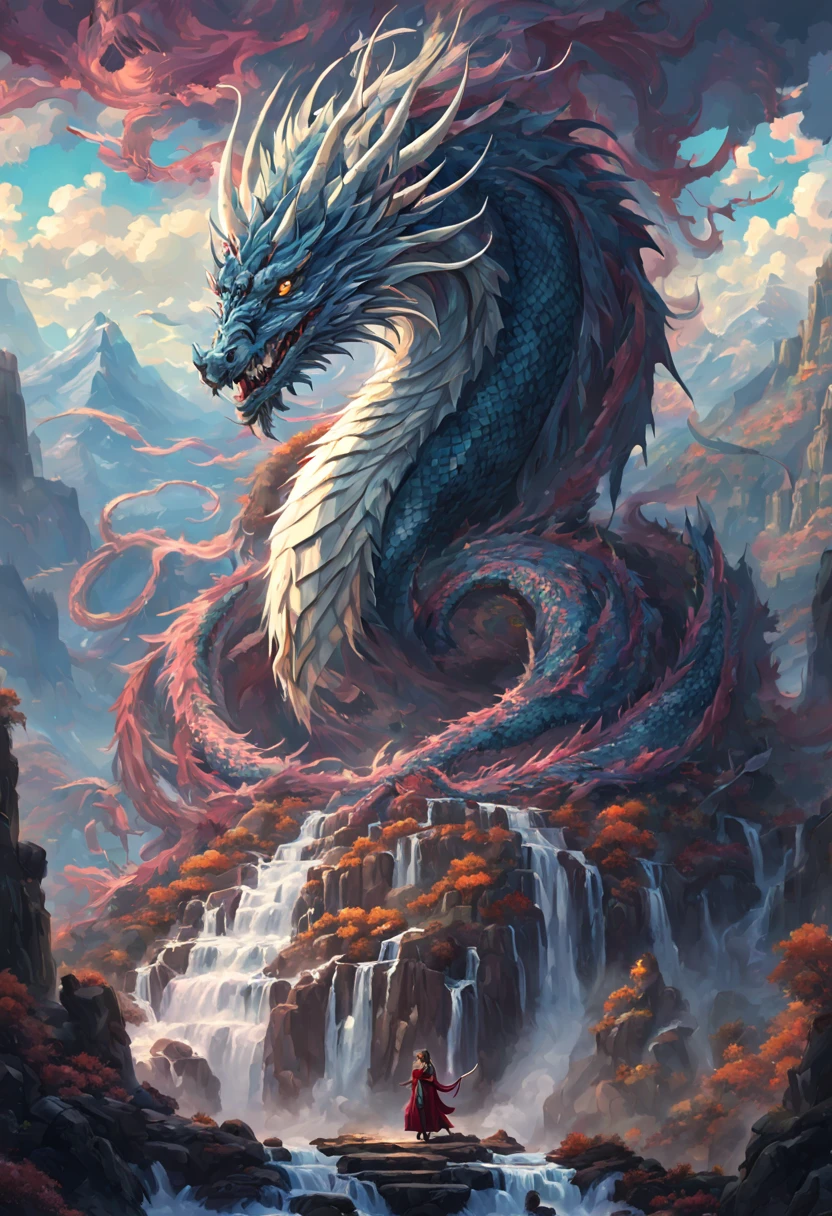 (pixel art:1.3), (solo:1.3), a mesmerizing fantasy scene where an ((anthropomorphic Eastern dragon dark wizard)) sinister and captivating, wearing legendary robe adorned with intricate magical symbols, mystical landscape featuring majestic mountains, cascading waterfalls, ancient ruins, surround the turkey with ((swirling ominous magical energies emanating from its staff)), (best quality, masterpiece, Representative work, official art, Professional, unity 8k wallpaper:1.3)