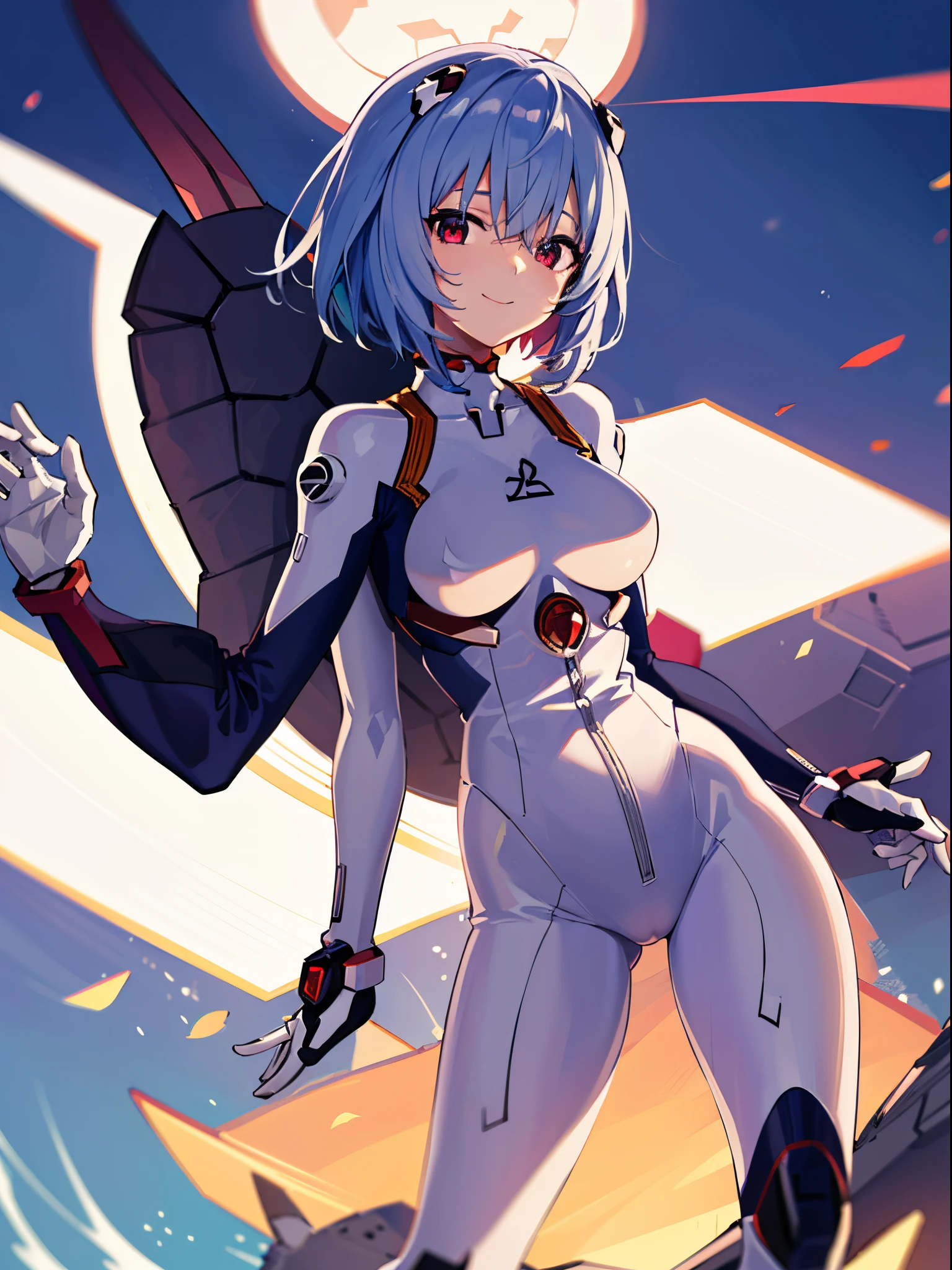 ((masuter piece)),top-quality, illustratio, beatiful detailed eyes, beautiful detailed hair, Floating hair, 1girl in, Ayanami, shorth hair, s Armor, deadpan, skiny, 独奏, turtle neck, body suit, mechs, 城市, a park,、A smile