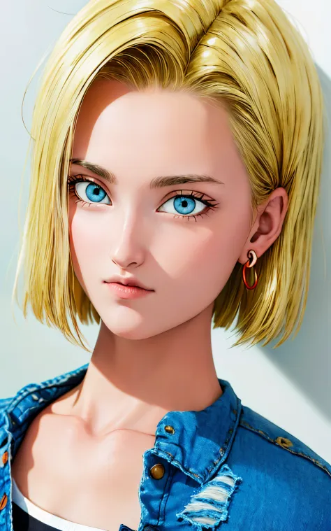 (masterpiece, best quality), realistic version of android18, earrings, denim, belt upper body, focus face, perfect face, emily r...