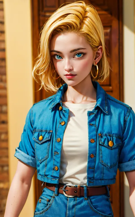 (masterpiece, best quality), realistic version of android18, earrings, denim, belt upper body, focus face, perfect face, Emily Rudd.